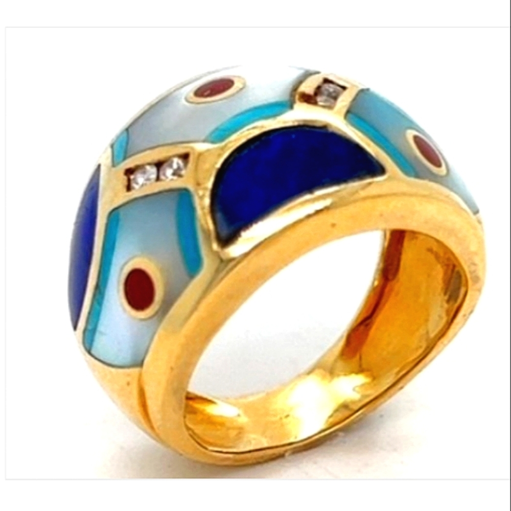 14K Diamond Hand Cut Red Coral + Lapis Turquoise Heavy Dome Ring